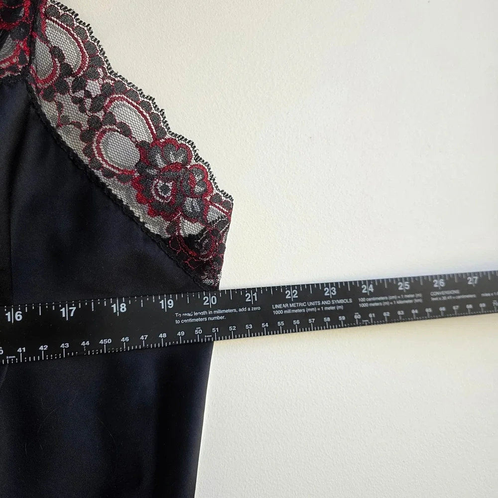 Vintage Black Satin Lace Chemise Nightgown Red Floral Trim Goth Vampy Slip Dress